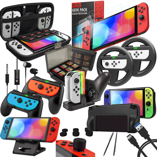 Orzly Accessory Bundle Kit Designed for Nintendo Switch Accessories Geeks and OLED Console Users Case and Screen Protector, Joycon Grips and Wheels for Enhanced Games Play and More - Jet Black - UGiftscards